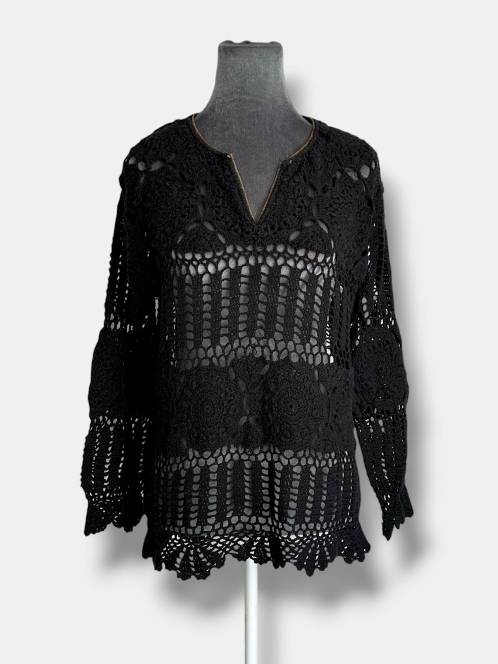 2000s Y2K Crochet Open Knit Sheer Black Top L Airport Whimsigoth Sweater Coverup